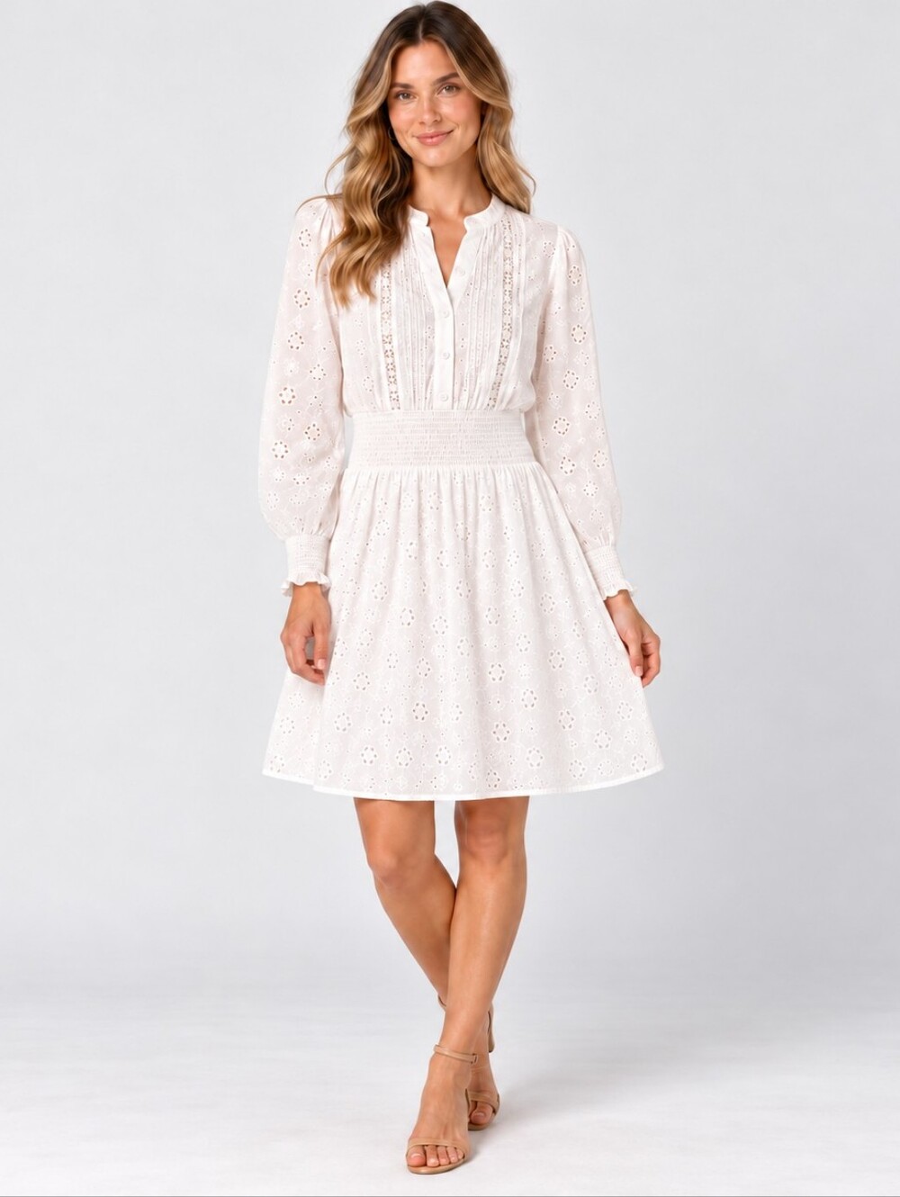 NWT AG Adriano Goldschmied White Eyelet Lace Smocked Dress S A44